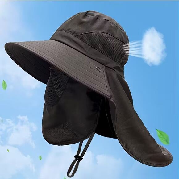 Wide Brim Unisex UV Protection Breathable Sun Hat w/ Neck Flap & Face Cover - Picture 3 of 4
